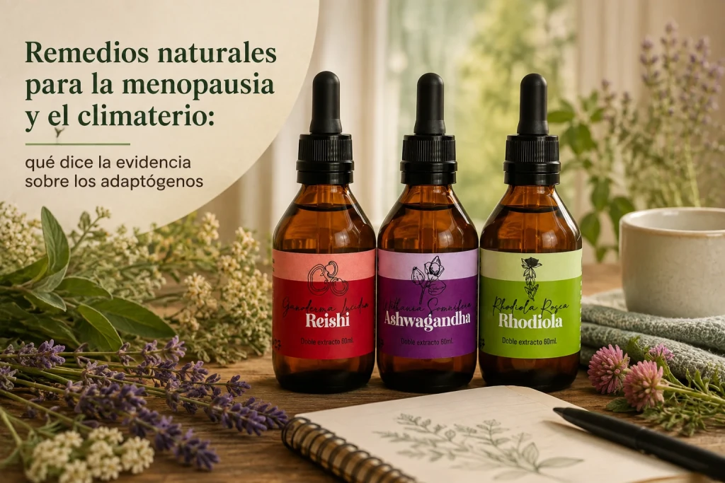 Extractos de Reishi, Ashwagandha y Rhodiola de Fungiteca sobre hierbas y una libreta: remedios naturales para la menopausia