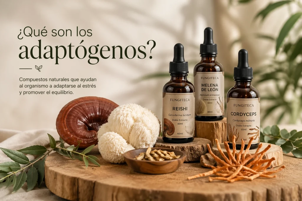 Tres extractos de Fungiteca junto a hongos Reishi, Melena de León y Cordyceps: qué son los adaptógenos