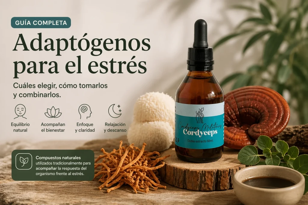 Guía de adaptógenos para el estrés: extracto de Cordyceps de Fungiteca con hongos Reishi, Melena de León y Cordyceps