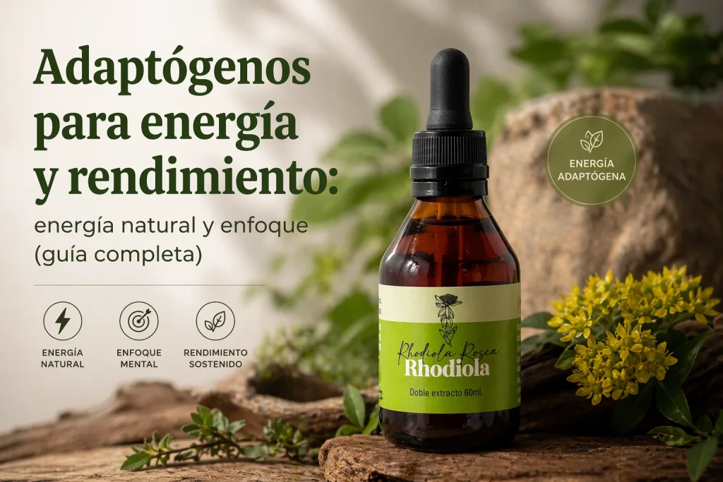 Guía de adaptógenos para energía y rendimiento: frasco gotero de Rhodiola de Fungiteca entre flores amarillas