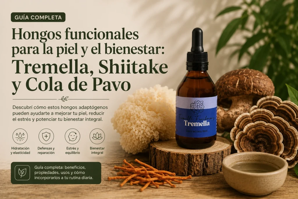 Guía de hongos para la piel: extracto de Tremella de Fungiteca con hongos tremella, shiitake y cola de pavo