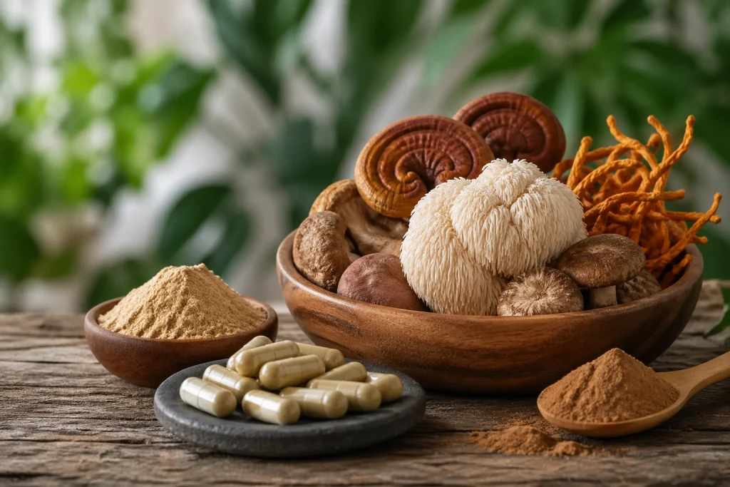 Bol de madera con hongos adaptógenos secos, Reishi, Melena de León y Cordyceps, junto a polvo y cápsulas