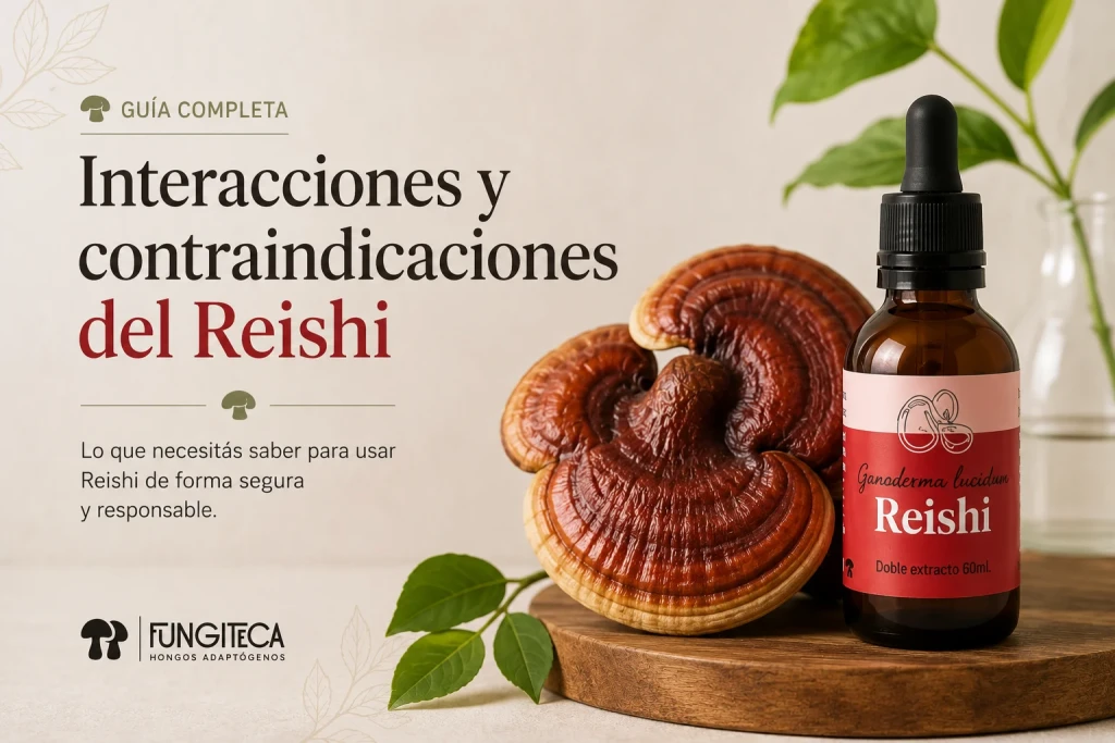 Guía de interacciones y contraindicaciones del Reishi: hongo Reishi y frasco gotero de extracto de Fungiteca