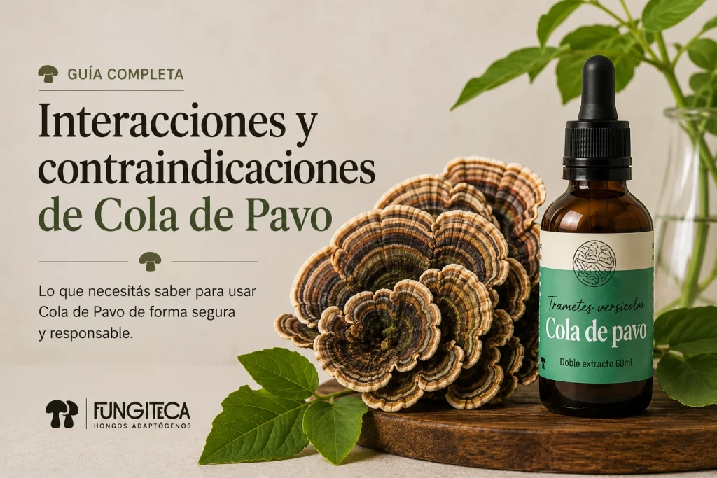 Guía de interacciones y contraindicaciones de la Cola de Pavo: hongo cola de pavo y frasco gotero de Fungiteca