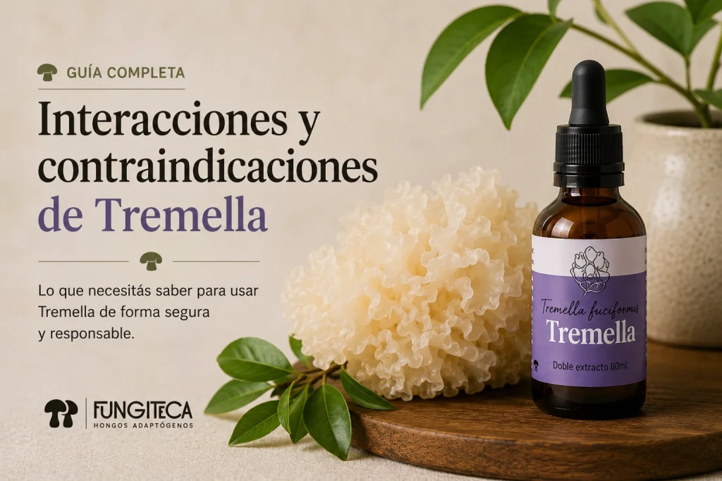 Guía de interacciones y contraindicaciones de la Tremella: hongo tremella y frasco gotero de Fungiteca