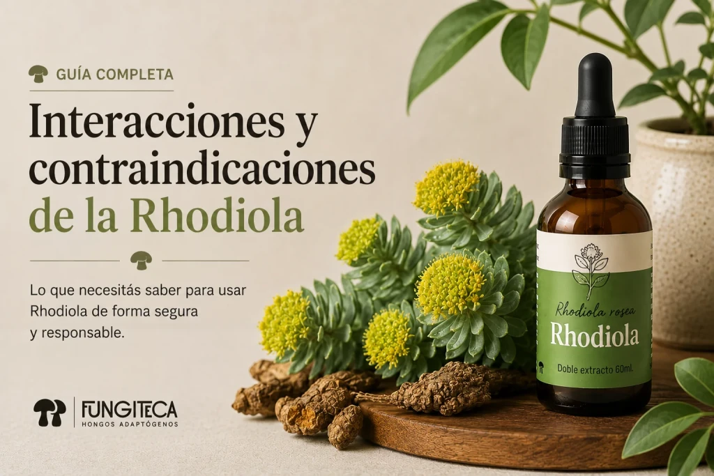 Guía de interacciones y contraindicaciones de la Rhodiola: planta y raíz de rhodiola con frasco gotero de Fungiteca
