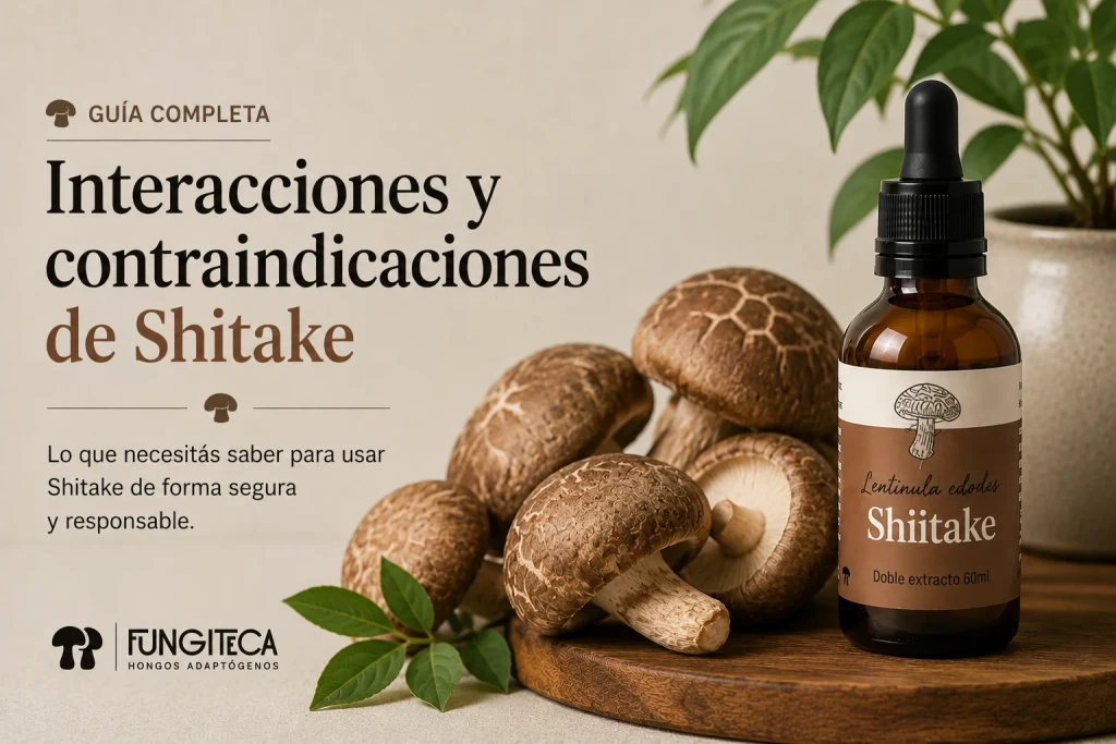 Guía de interacciones y contraindicaciones del Shiitake: hongos shiitake frescos y frasco gotero de Fungiteca