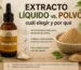 Infografía extracto líquido vs. polvo: frasco gotero de Melena de León Fungiteca junto a un bol de hongo en polvo