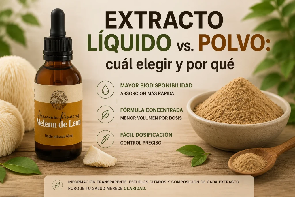 Infografía extracto líquido vs. polvo: frasco gotero de Melena de León Fungiteca junto a un bol de hongo en polvo