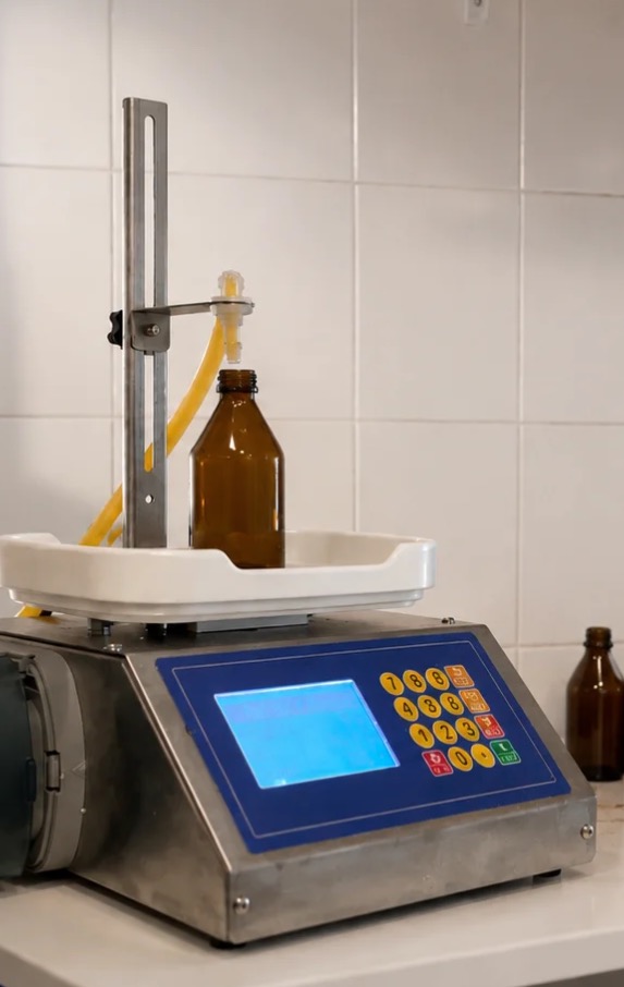 Máquina dosificadora con control digital envasando extractos en el laboratorio de Fungiteca