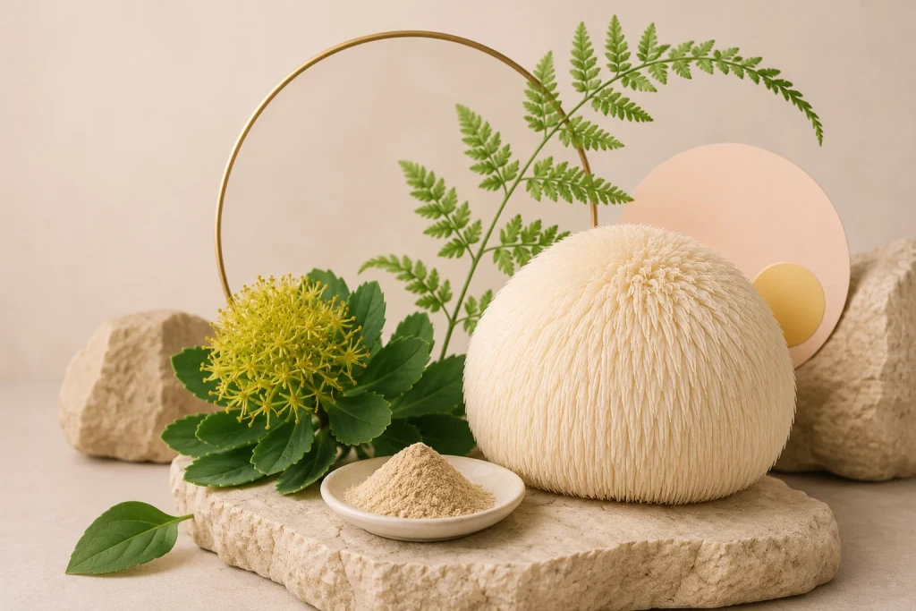 Melena de León fresca, polvo de hongos y flores de Rhodiola sobre una piedra con helechos