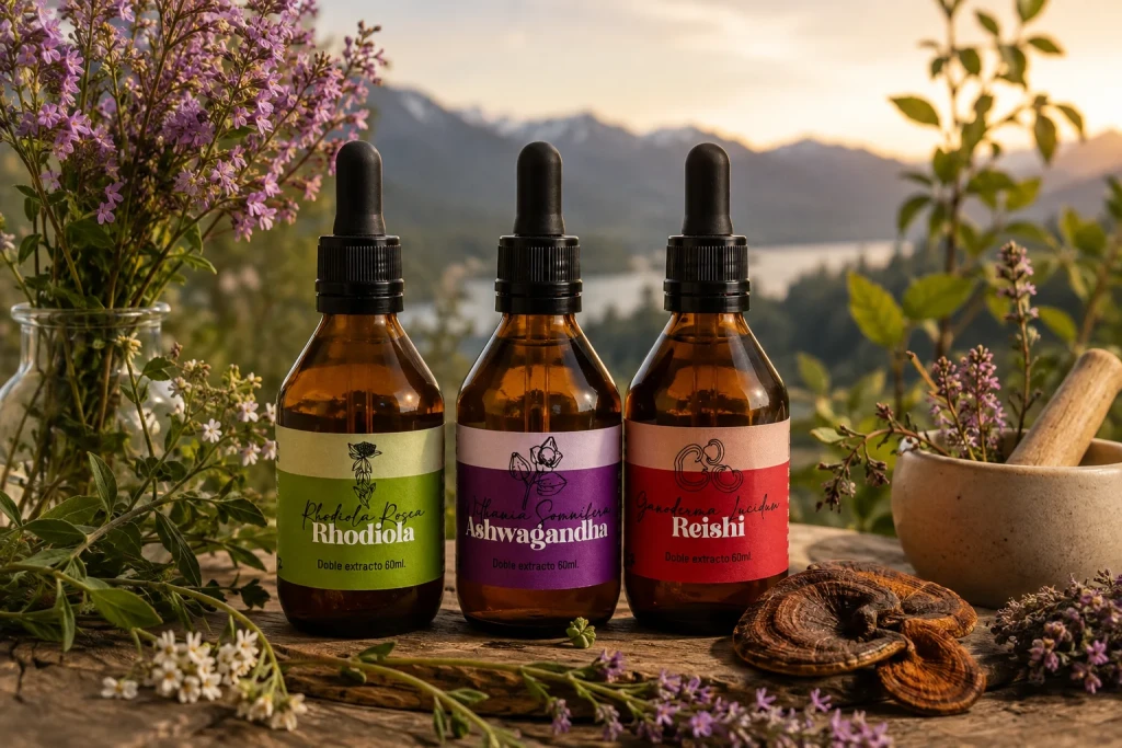 Extractos de Rhodiola, Ashwagandha y Reishi de Fungiteca entre lavanda y flores, con montañas de fondo
