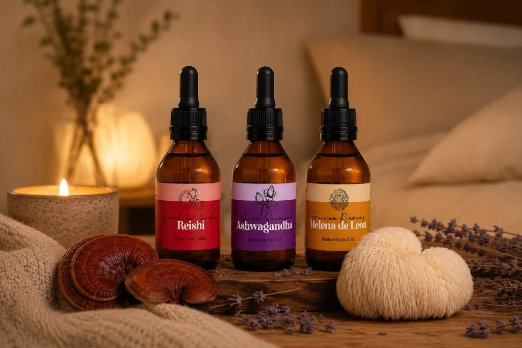 Extractos de Reishi, Ashwagandha y Melena de León de Fungiteca junto a velas y una cama