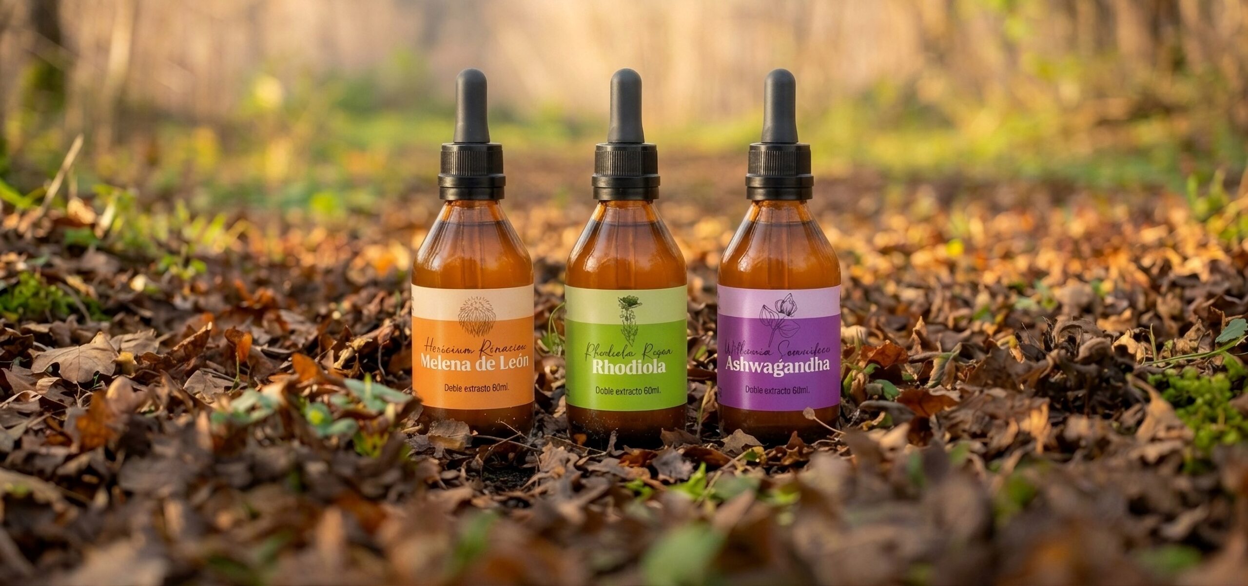 Extractos de Melena de León, Rhodiola y Ashwagandha de Fungiteca sobre hojas secas en el bosque