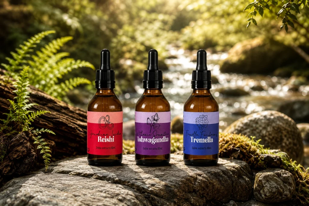 Extractos de Reishi, Ashwagandha y Tremella de Fungiteca sobre piedras con musgo junto a un arroyo