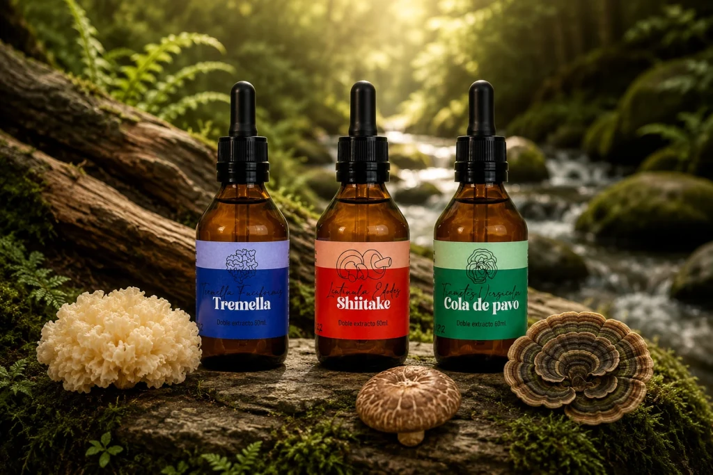 Extractos de Tremella, Shiitake y Cola de Pavo de Fungiteca en el bosque, con hongos y musgo